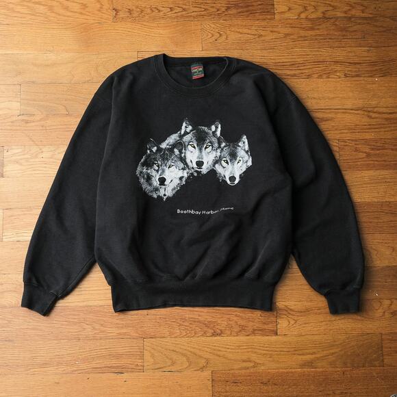 Vintage 90s Cross Creek Wolf Sweatshirt USA Boothbay Maine Black Size L Outdoors - Picture 2 of 8